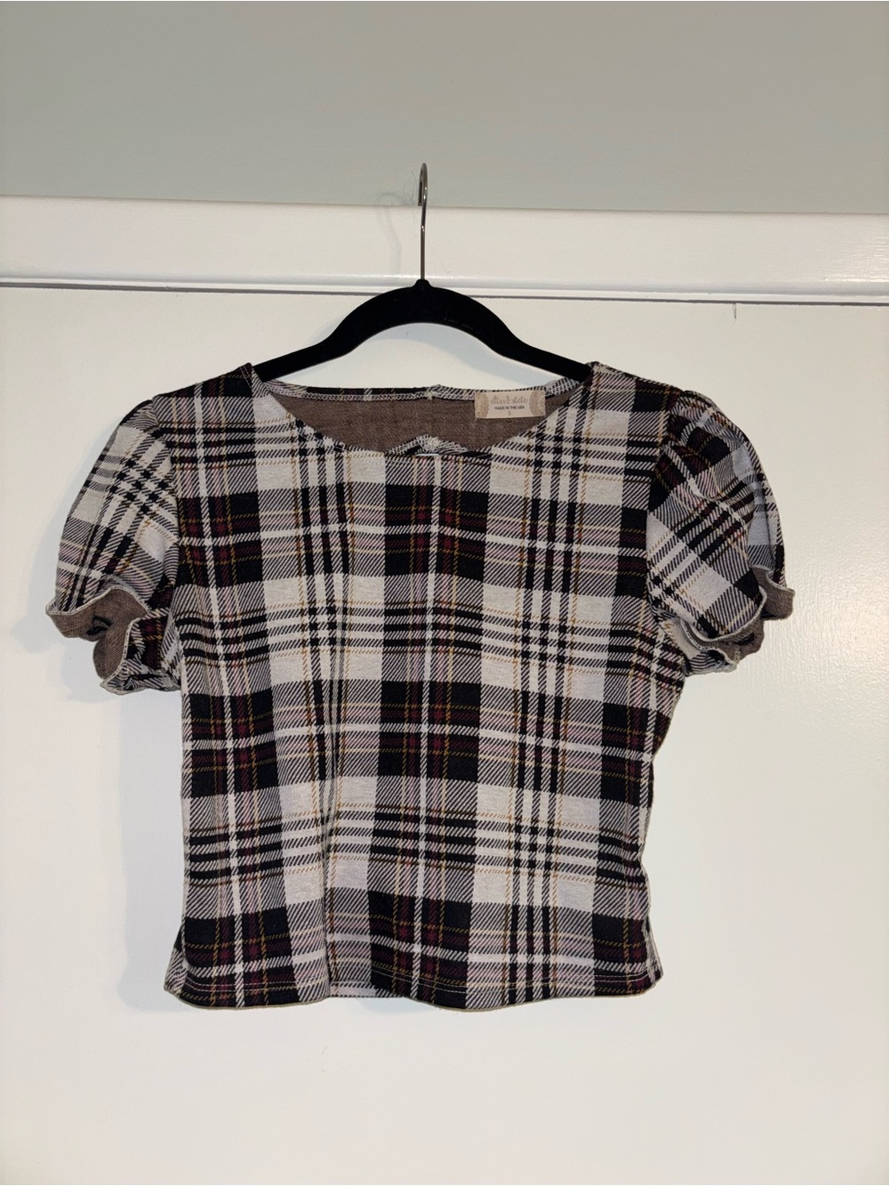 Altar'd State Plaid Short-Sleeve Top in Black, White & Brown